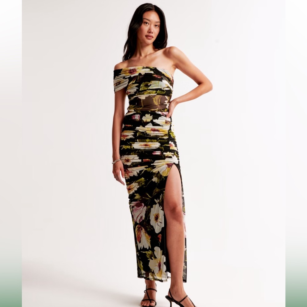 Abercrombie & Fitch Mesh Asymmetrical Off-The-Shoulder Draped Maxi Dress